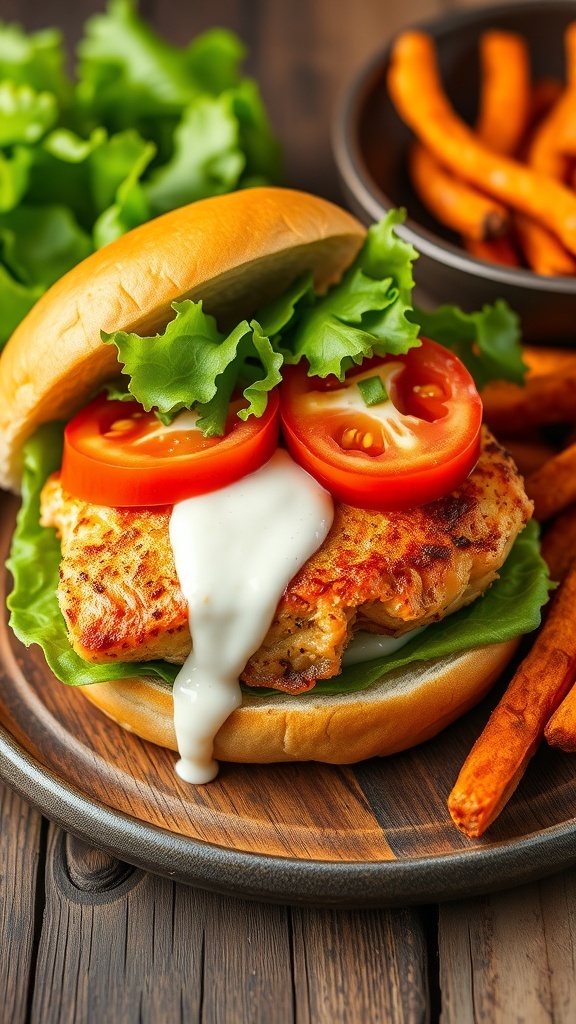 A crispy salmon burger on a bun with lettuce and tomato, served with sweet potato fries.